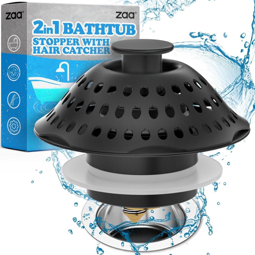 image:imagezaa Drain Hair Catcher 2in1 Bathtub Drain Stopper with Popup Bathtub Drain Plug AntiClogged Tub Stopper Cover with Detachable Filter 304 Stainless Steel amp Brass for 1462 W Hole MatteBlack