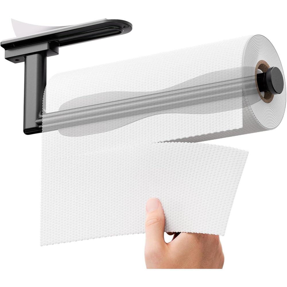 image:imagezaa Paper Towel Holder Under Cabinet Self Adhesive or Drilling Paper Towel Holder Wall Mount One Hand Tear Black Towel Holder for Kitchen Organization Bathroom Sink Pantry Fridge RVBrushed Black