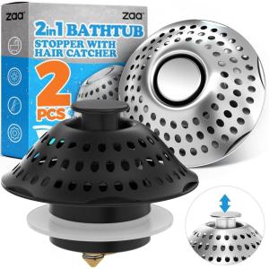 zaa 2Pack Tub Stopper Bathtub Drain Cover and Hair Catcher, Pop Up Bathtub Drain Plug & Strainer, Replaces Bath Tub Lift & Turn, Tip-Toe or Trip Lever, for 1.46-2″ W Drain Hole, Silver, Black