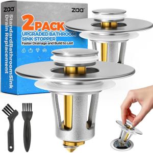 zaa Bathroom Sink Stopper – 2Pack Bathroom Sink Drain Strainer,Pop Up Bathroom Drain Stopper with Anti-Clogging Filter Basket,for 1.05~1.65 in U.S.Standard Basin Drain Holes,Silver(2 Pack Silver Sink Stopper)
