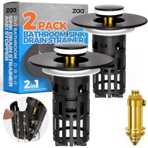 zaa Bathroom Sink Stopper – 2Pack Bathroom Sink Drain Strainer,Pop Up Bathroom Drain Stopper with Anti-Clogging Filter Basket,for 1.05~1.65 in U.S.Standard Basin Drain Holes,Silver(Black Bathroom Sink Stopper)