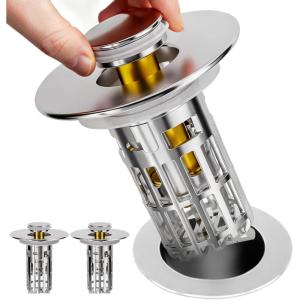 zaa Bathroom Sink Stopper – 2Pack Bathroom Sink Drain Strainer,Pop Up Bathroom Drain Stopper with Anti-Clogging Filter Basket,for 1.05~1.65 in U.S.Standard Basin Drain Holes,Silver(Silver Bathroom Sink Stopper)
