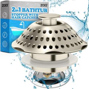 zaa Bathtub Drain Stopper, 2in1 Tub Stopper Bathtub Drain Cover and Hair Catcher, Pop Up Bathtub Drain Plug, Replaces Bath Tub Lift & Turn, Tip-Toe or Trip Lever, for 1.46-2″ W Drain Hole, Nickel