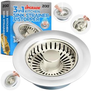 zaa Kitchen Sink Drain Strainer – Kitchen Sink Stopper, 304 Stainless Steel Sink Drain Stopper, Sink Protector for Kitchen with Anti-Clog Filter, Fit US Standard 3-1/2” Sink Drain Hole, Silver(Brushed Nickel)