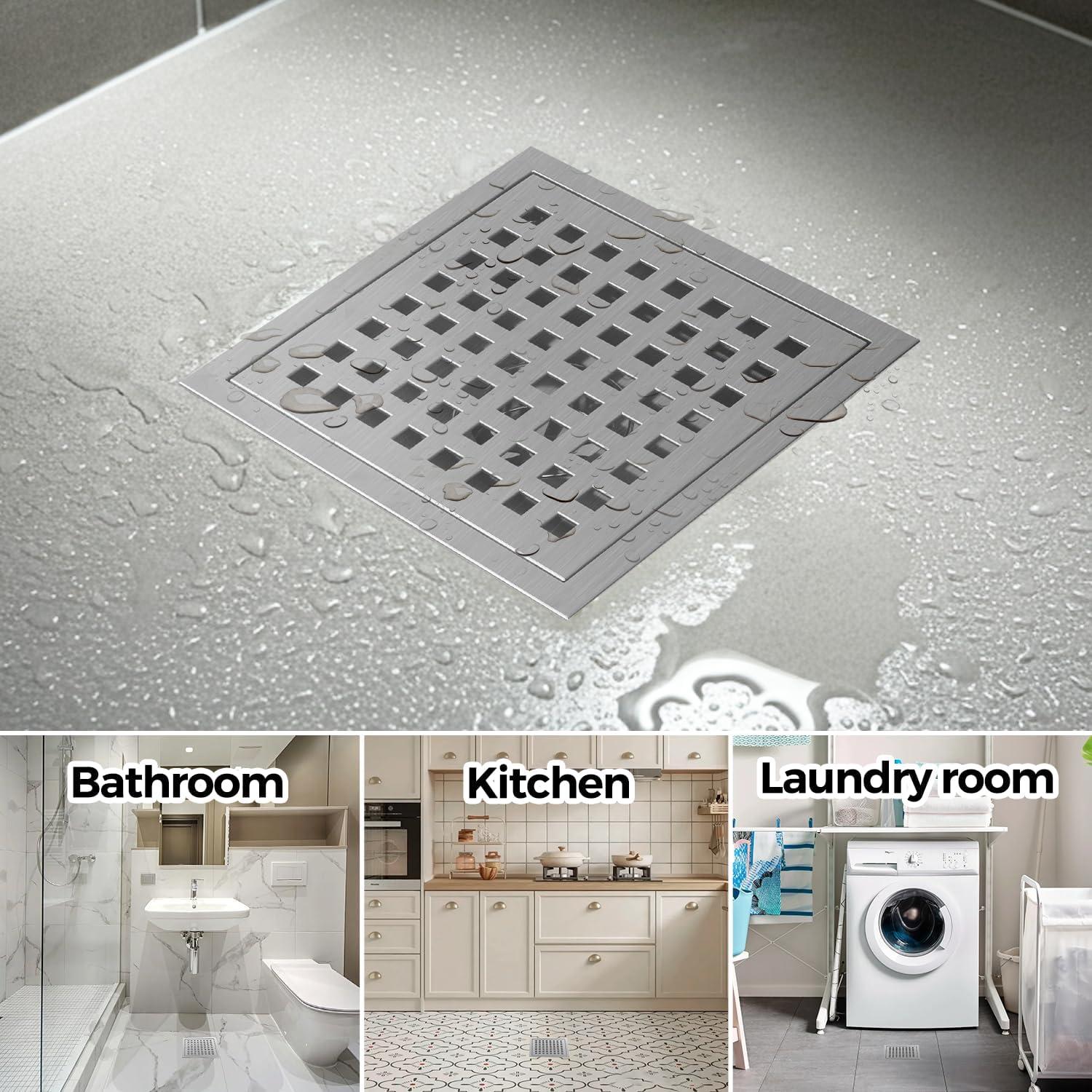 image:imagezaa 6 Inch Square Shower Drain Bathroom Floor Drain 304 Stainless Steel Shower Floor Drain Kit with Flange Removable Shower Drain Grate with Hair Strainer BlackSilver