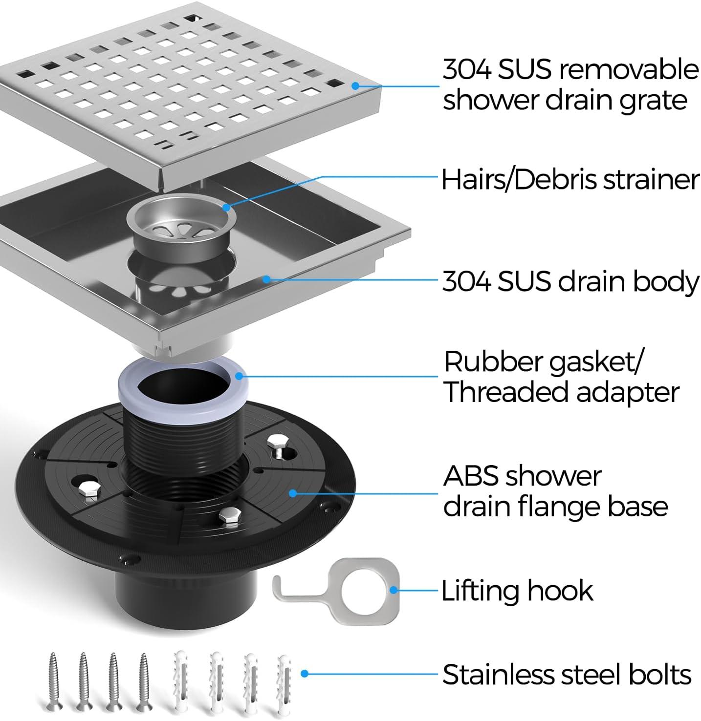 image:imagezaa 6 Inch Square Shower Drain Bathroom Floor Drain 304 Stainless Steel Shower Floor Drain Kit with Flange Removable Shower Drain Grate with Hair Strainer BlackSilver