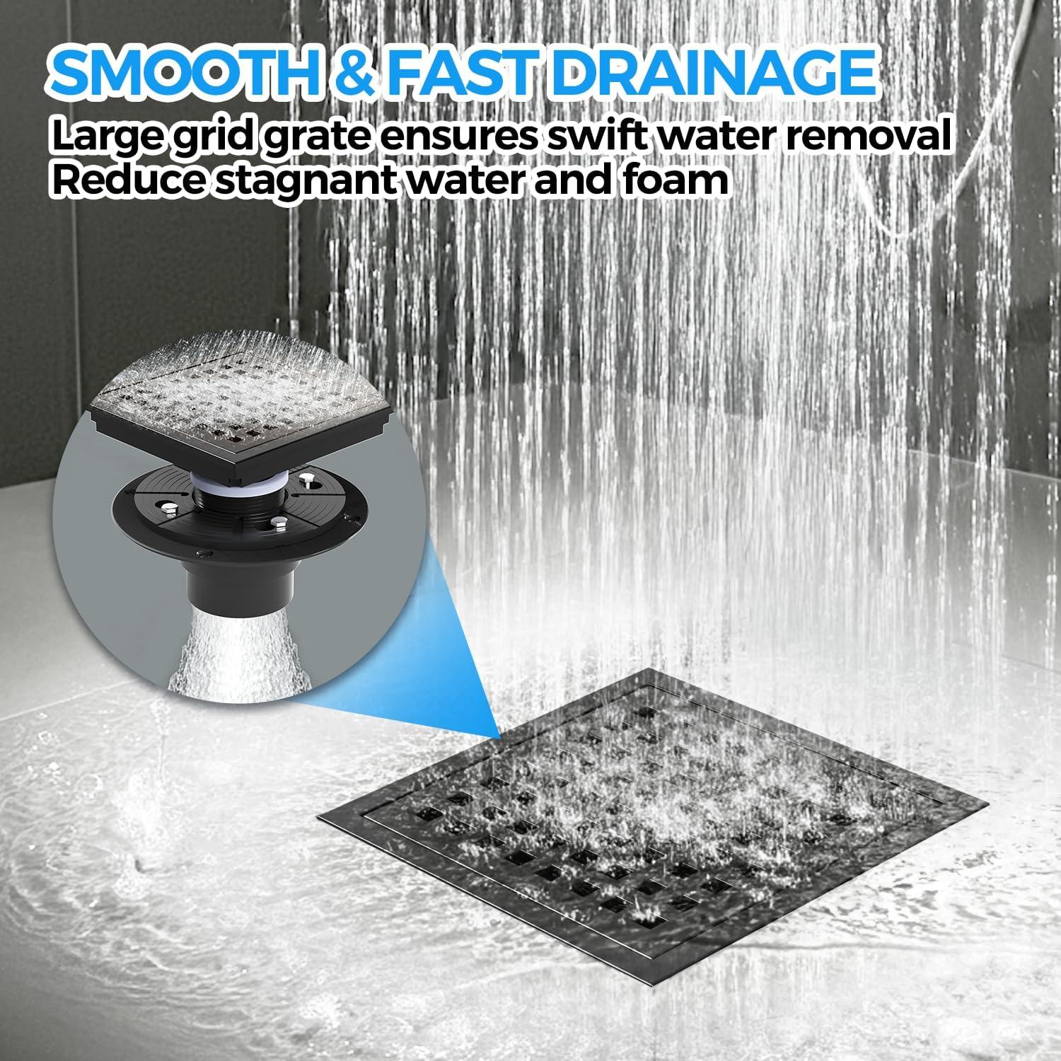 image:imagezaa 6 Inch Square Shower Drain Bathroom Floor Drain 304 Stainless Steel Shower Floor Drain Kit with Flange Removable Shower Drain Grate with Hair Strainer BlackBlack