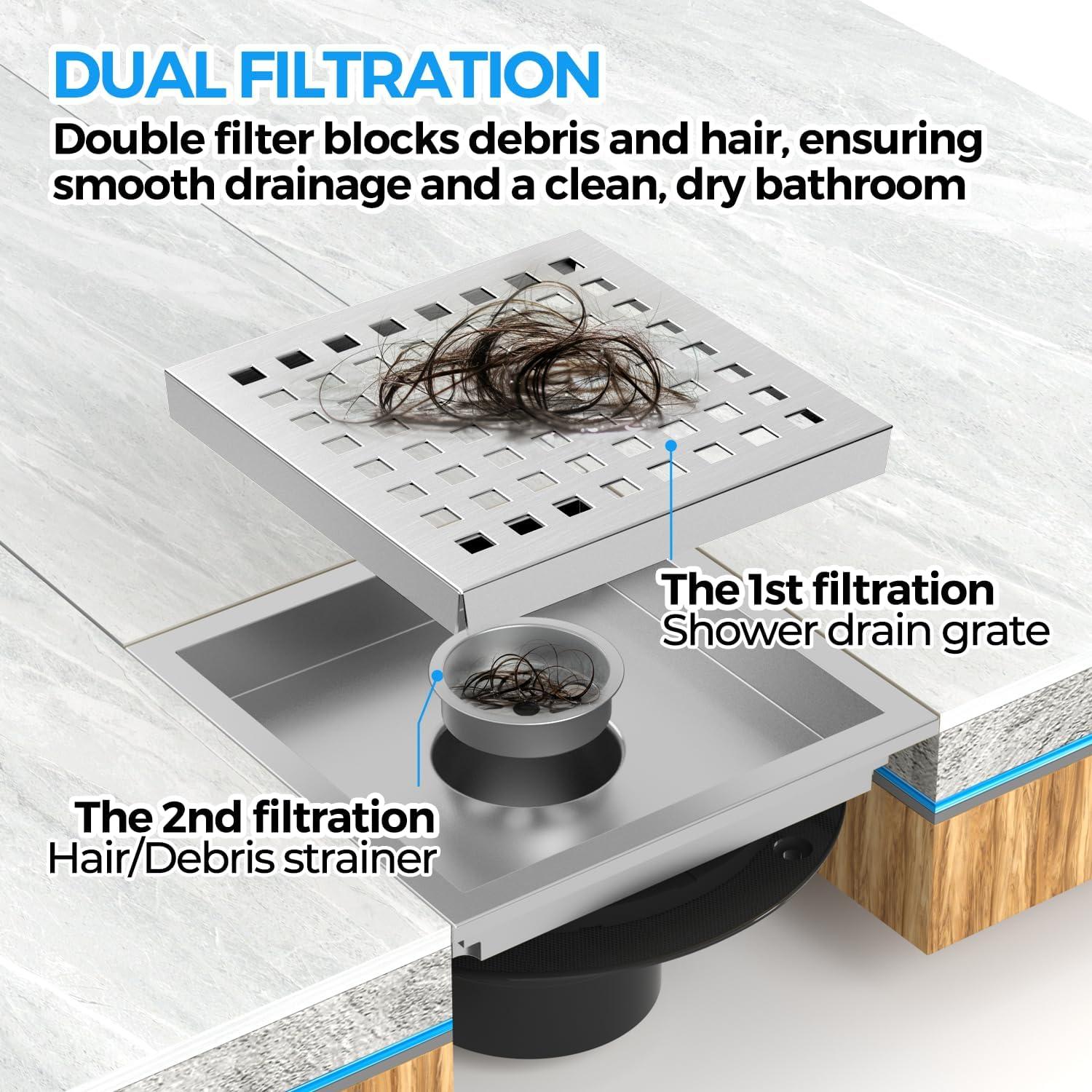 image:imagezaa 6 Inch Square Shower Drain Bathroom Floor Drain 304 Stainless Steel Shower Floor Drain Kit with Flange Removable Shower Drain Grate with Hair Strainer BlackSilver