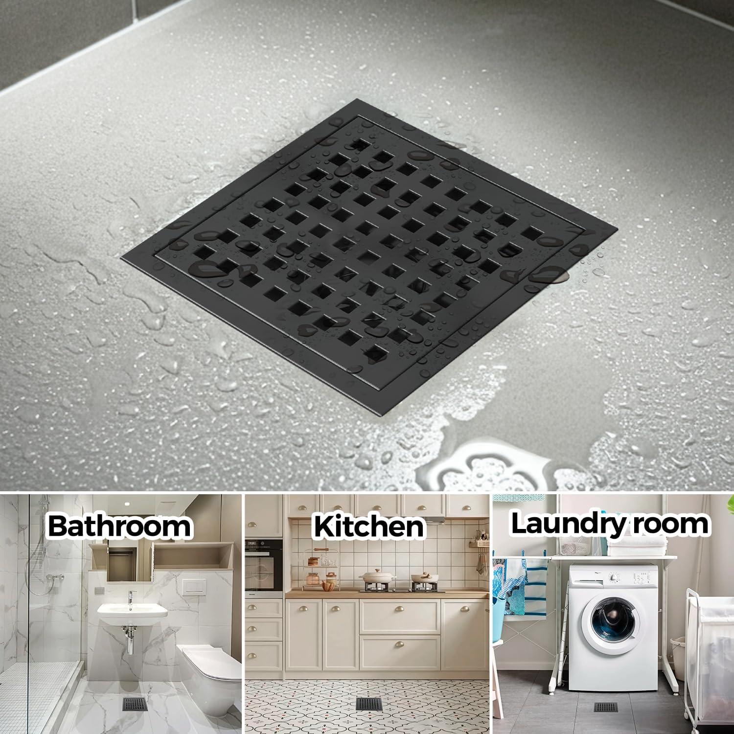 image:imagezaa 6 Inch Square Shower Drain Bathroom Floor Drain 304 Stainless Steel Shower Floor Drain Kit with Flange Removable Shower Drain Grate with Hair Strainer BlackBlack