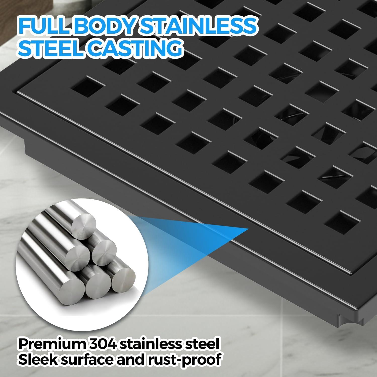 image:imagezaa 6 Inch Square Shower Drain Bathroom Floor Drain 304 Stainless Steel Shower Floor Drain Kit with Flange Removable Shower Drain Grate with Hair Strainer BlackBlack