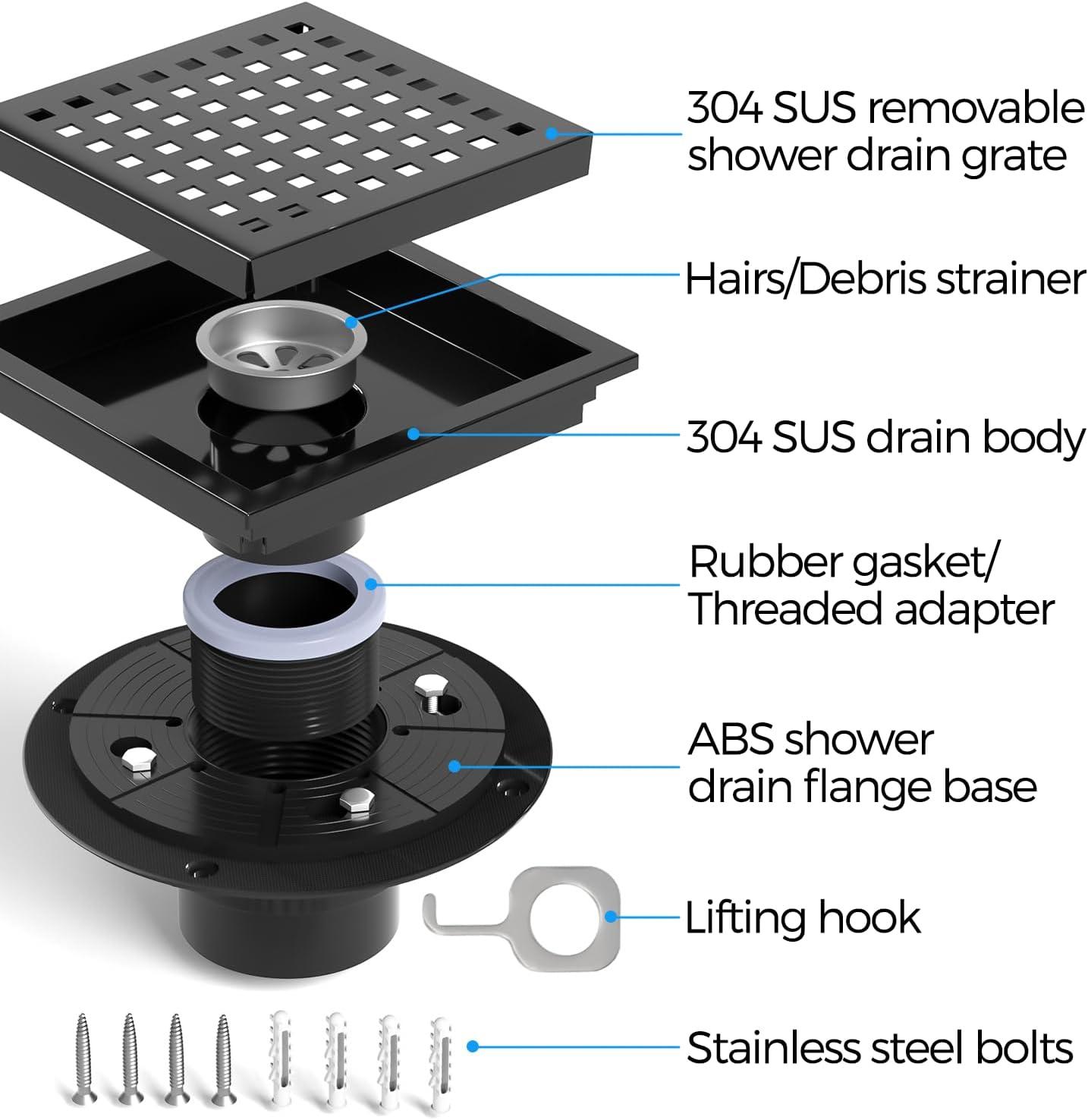 image:imagezaa 6 Inch Square Shower Drain Bathroom Floor Drain 304 Stainless Steel Shower Floor Drain Kit with Flange Removable Shower Drain Grate with Hair Strainer BlackBlack
