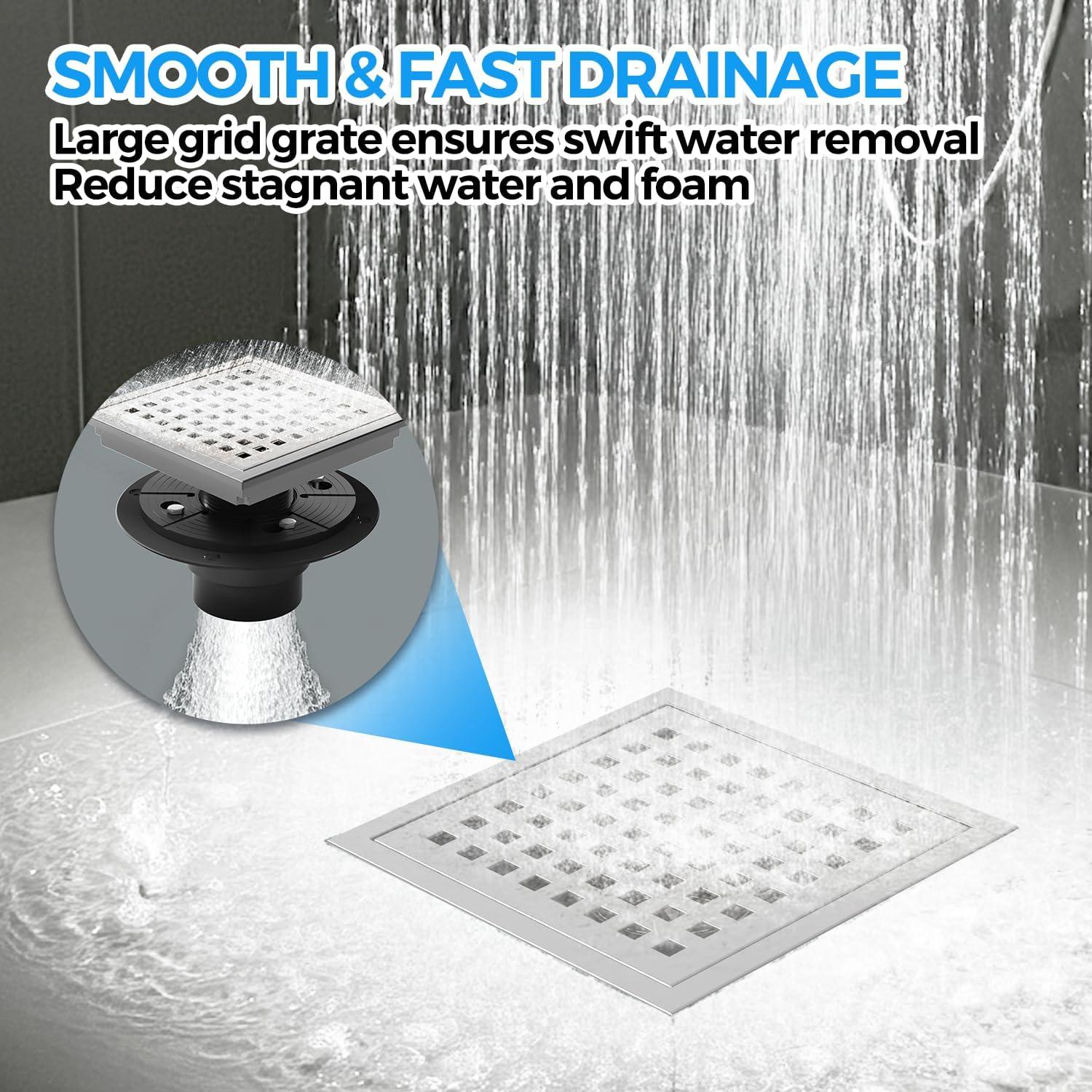 image:imagezaa 6 Inch Square Shower Drain Bathroom Floor Drain 304 Stainless Steel Shower Floor Drain Kit with Flange Removable Shower Drain Grate with Hair Strainer BlackSilver