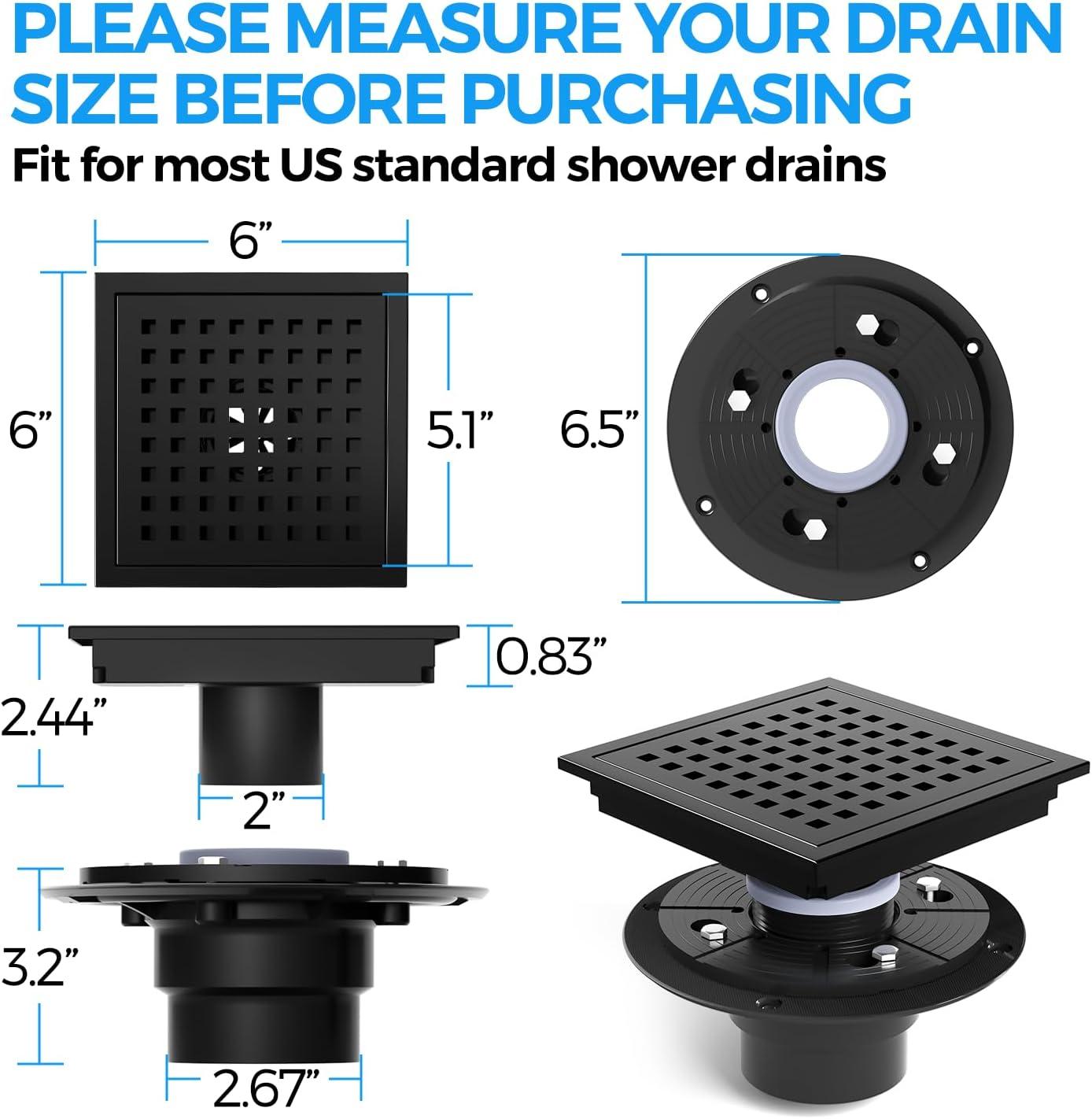 image:imagezaa 6 Inch Square Shower Drain Bathroom Floor Drain 304 Stainless Steel Shower Floor Drain Kit with Flange Removable Shower Drain Grate with Hair Strainer BlackBlack