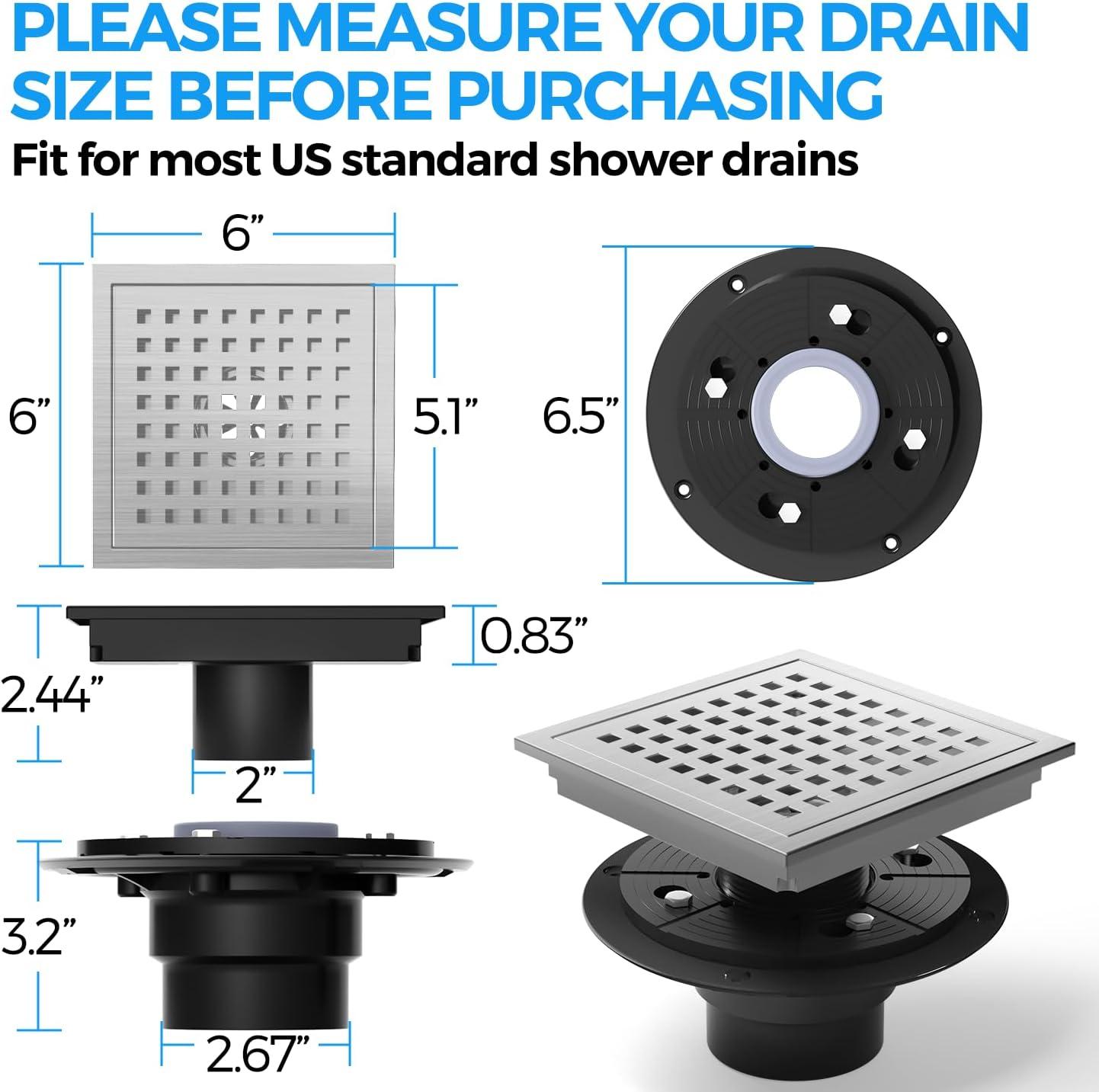 image:imagezaa 6 Inch Square Shower Drain Bathroom Floor Drain 304 Stainless Steel Shower Floor Drain Kit with Flange Removable Shower Drain Grate with Hair Strainer BlackSilver