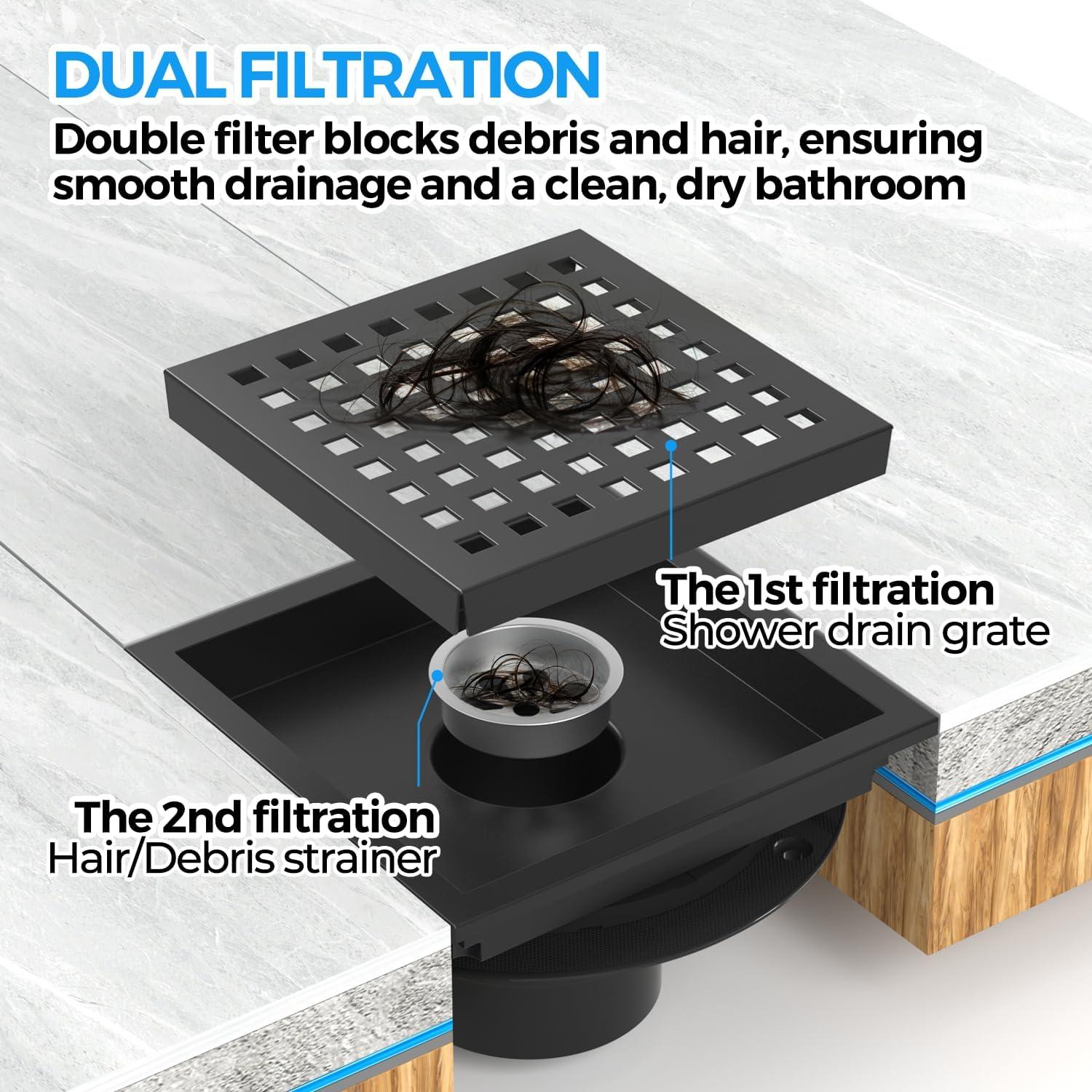image:imagezaa 6 Inch Square Shower Drain Bathroom Floor Drain 304 Stainless Steel Shower Floor Drain Kit with Flange Removable Shower Drain Grate with Hair Strainer BlackBlack