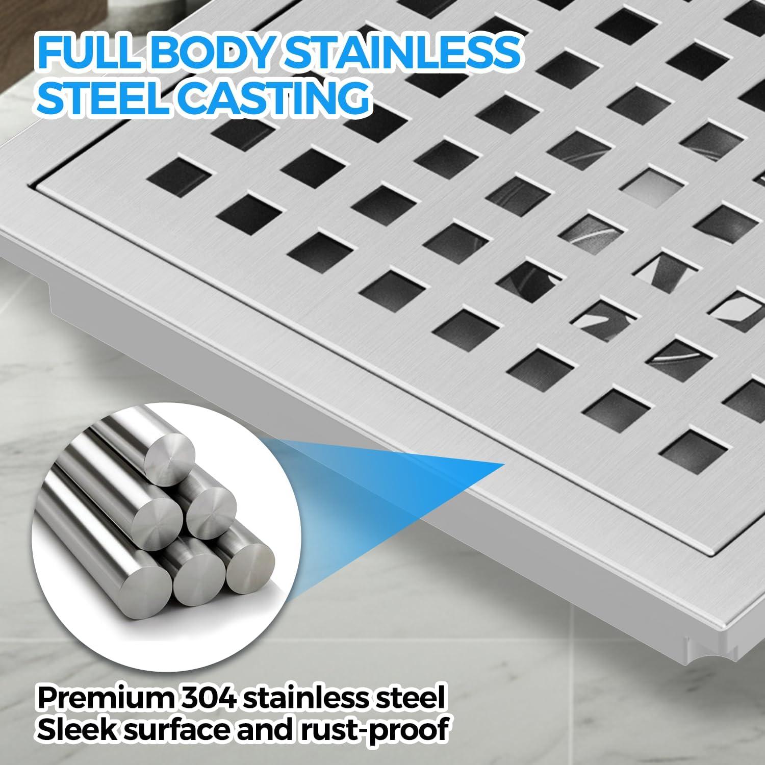 image:imagezaa 6 Inch Square Shower Drain Bathroom Floor Drain 304 Stainless Steel Shower Floor Drain Kit with Flange Removable Shower Drain Grate with Hair Strainer BlackSilver