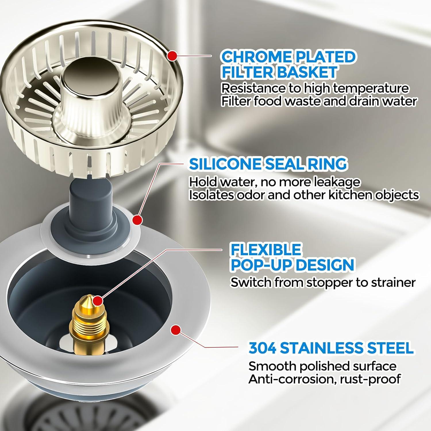 image:imagezaa Kitchen Sink Drain Strainer Kitchen Sink Stopper 304 Stainless Steel Sink Drain Stopper Sink Protector for Kitchen with AntiClog Filter Fit US Standard 312 Sink Drain Hole SilverBrushed Nickel