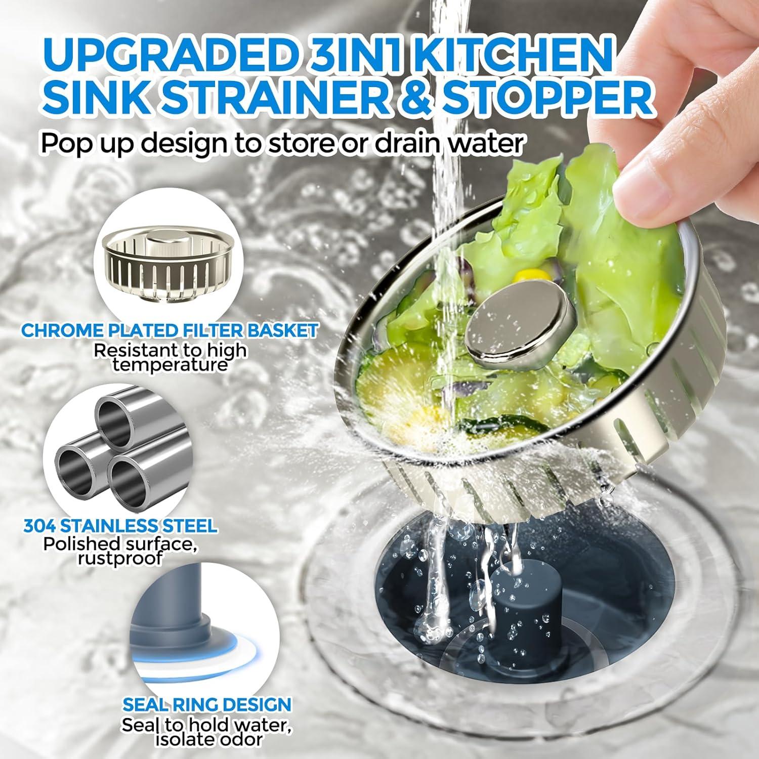 image:imagezaa Kitchen Sink Drain Strainer Kitchen Sink Stopper 304 Stainless Steel Sink Drain Stopper Sink Protector for Kitchen with AntiClog Filter Fit US Standard 312 Sink Drain Hole SilverBrushed Nickel