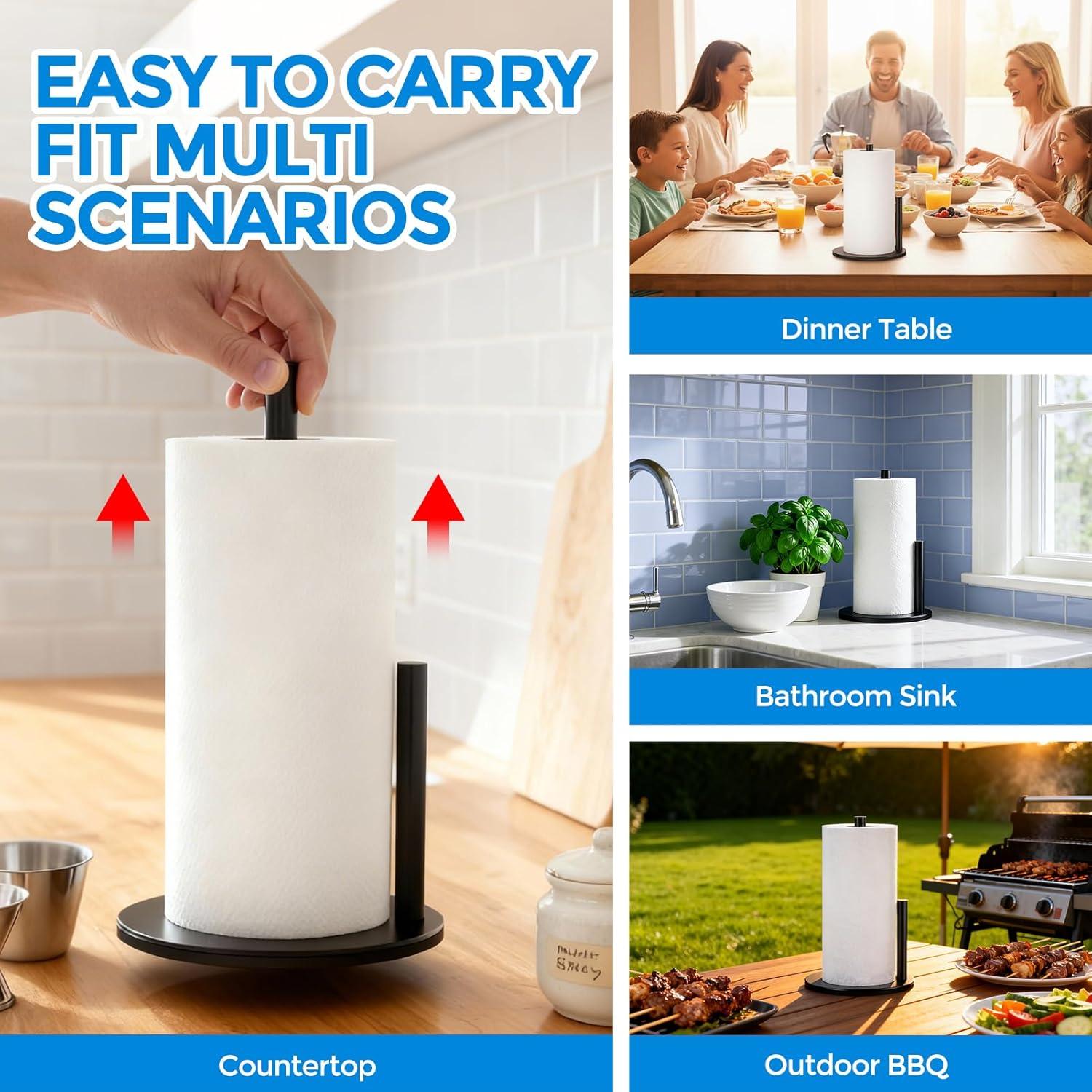 image:imagezaa Paper Towel Holder Countertop Free Standing Paper Towel Holder for Kitchen Organization Easy to Carry Paper Roll Dispenser No Drill Installation for Kitchen Bathroom Office RV Black