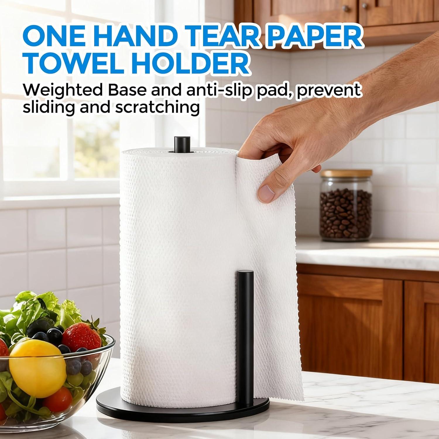 image:imagezaa Paper Towel Holder Countertop Free Standing Paper Towel Holder for Kitchen Organization Easy to Carry Paper Roll Dispenser No Drill Installation for Kitchen Bathroom Office RV Black