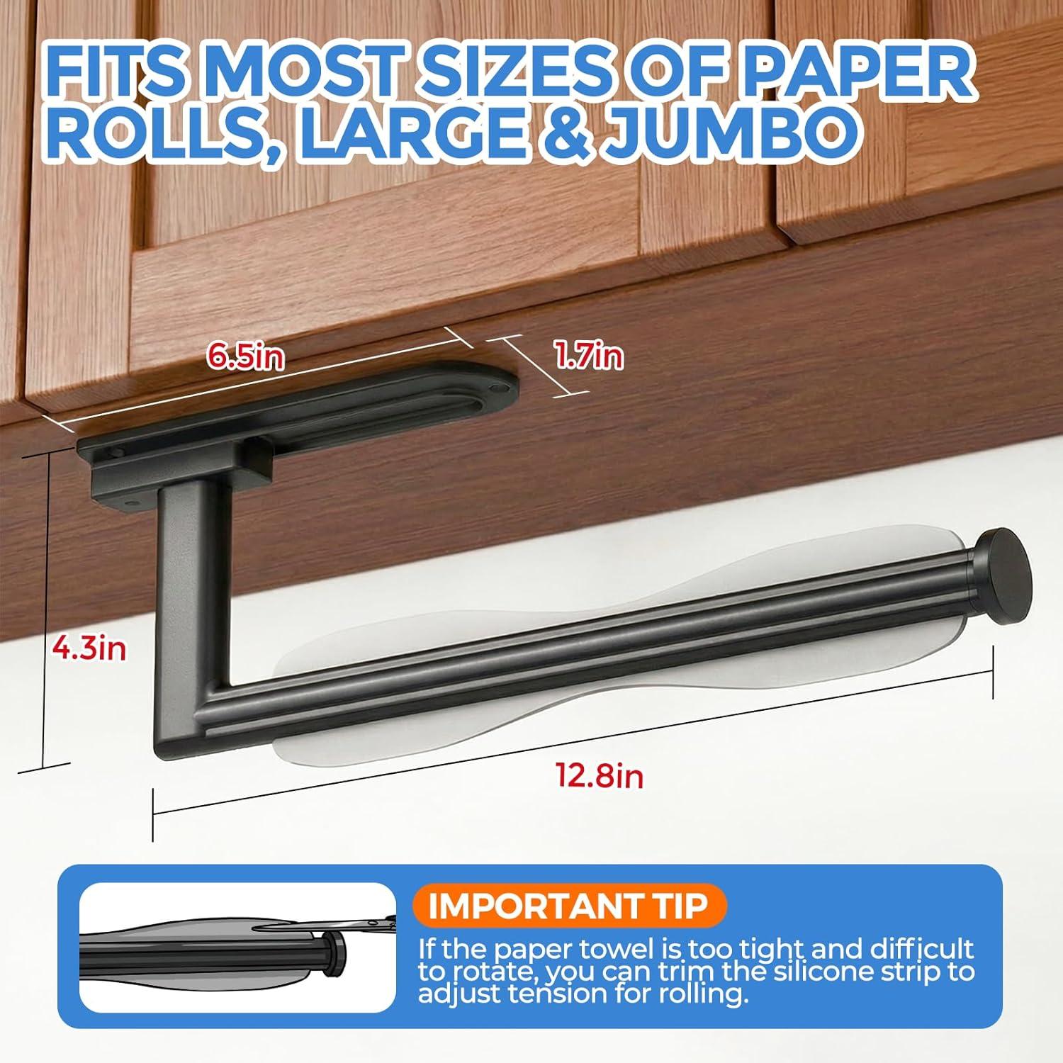 image:imagezaa Paper Towel Holder Under Cabinet Self Adhesive or Drilling Paper Towel Holder Wall Mount One Hand Tear Black Towel Holder for Kitchen Organization Bathroom Sink Pantry Fridge RVBrushed Black