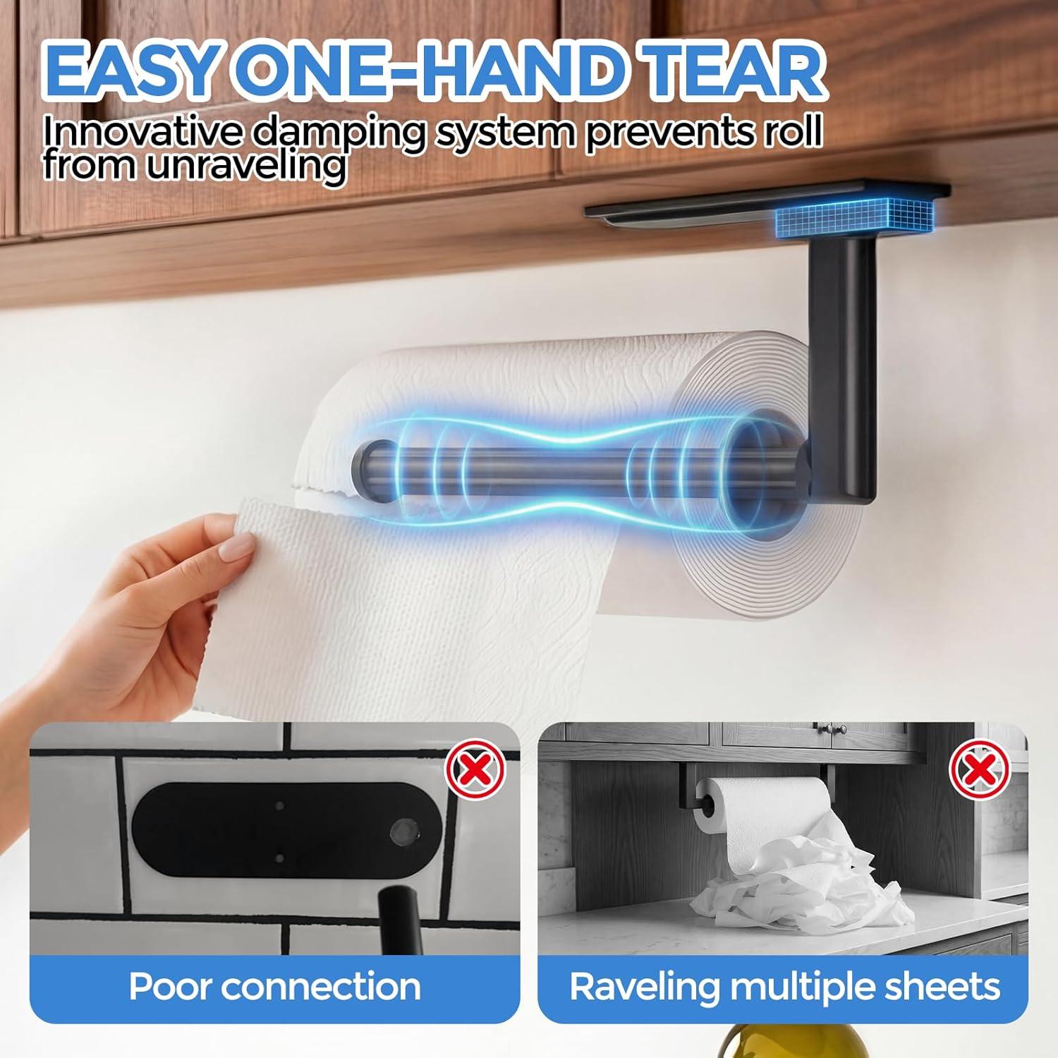 image:imagezaa Paper Towel Holder Under Cabinet Self Adhesive or Drilling Paper Towel Holder Wall Mount One Hand Tear Black Towel Holder for Kitchen Organization Bathroom Sink Pantry Fridge RVBrushed Black