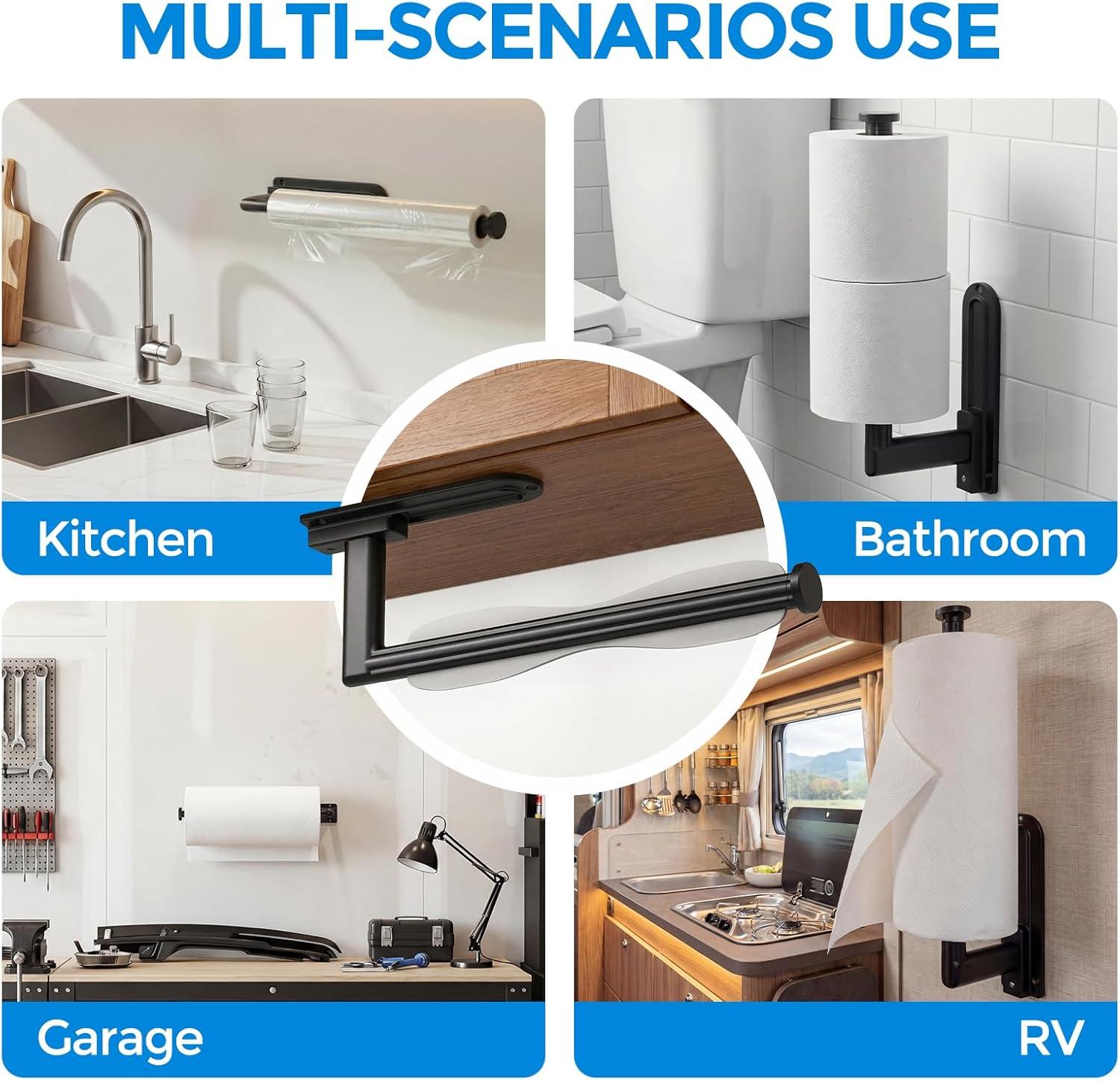 image:imagezaa Paper Towel Holder Under Cabinet Self Adhesive or Drilling Paper Towel Holder Wall Mount One Hand Tear Black Towel Holder for Kitchen Organization Bathroom Sink Pantry Fridge RVBrushed Black