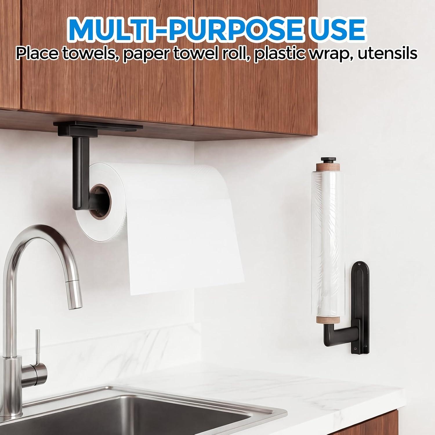 image:imagezaa Paper Towel Holder Under Cabinet Self Adhesive or Drilling Paper Towel Holder Wall Mount One Hand Tear Black Towel Holder for Kitchen Organization Bathroom Sink Pantry Fridge RVBrushed Black