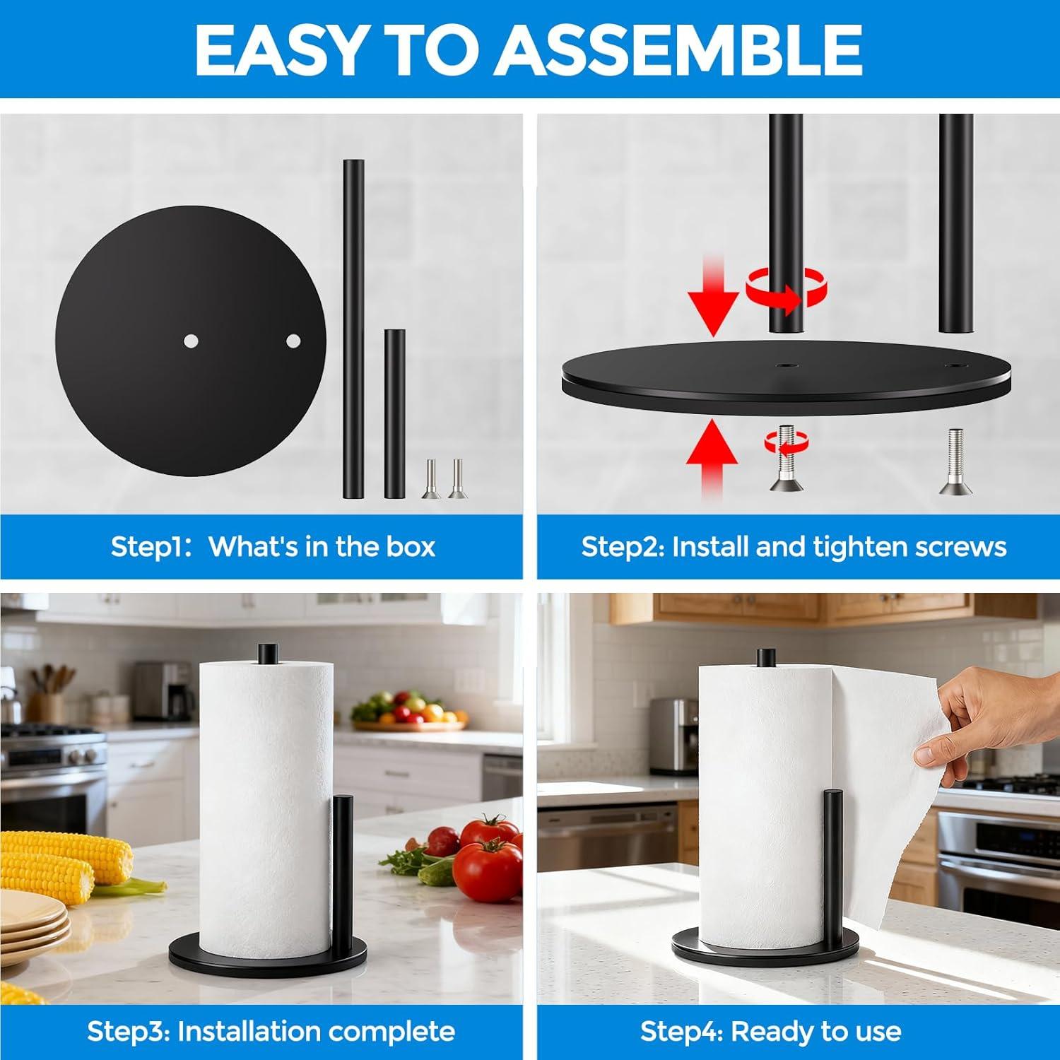 image:imagezaa Paper Towel Holder Countertop Free Standing Paper Towel Holder for Kitchen Organization Easy to Carry Paper Roll Dispenser No Drill Installation for Kitchen Bathroom Office RV BlackBlack